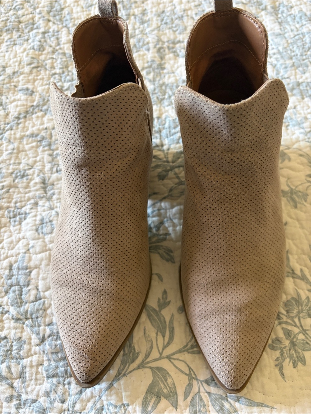 Perforated Pointed-Toe Ankle Booties in Taupe